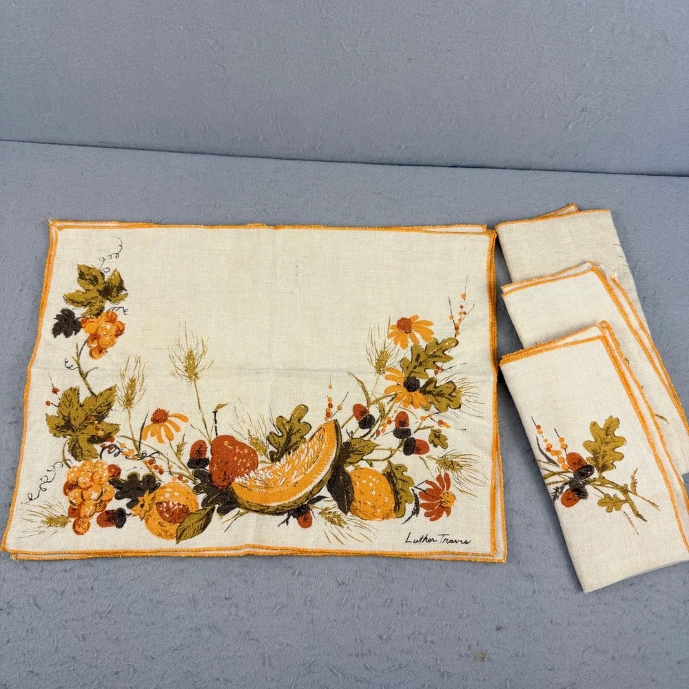 7pc Vtg Signed Luther Travis Fall Harvest Linen Set 4 Placemats‎ 3 Napkins Wheat